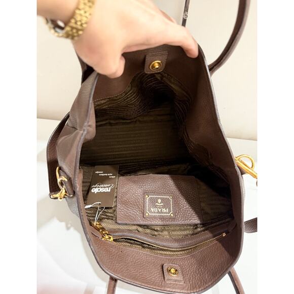 Prada Bruciato Vitello Daino Leather Large Shopper Tote Bag with Shoulder Strap - Picture 12 of 14